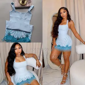 Premium Ice Blue Beaded Bandage Mini Dress