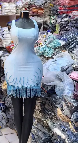 Premium Ice Blue Beaded Bandage Mini Dress