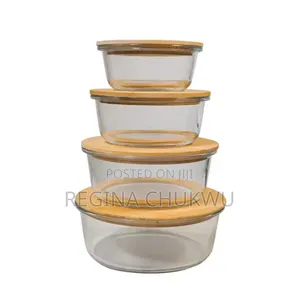 Round 4pcs Borosilicate Glass Food Storage Container With Bamboo Lid