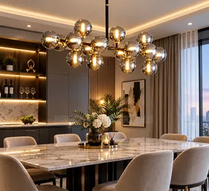 Elegant Modern Kitchen and Dining Area With Luxury Gold Chandelier