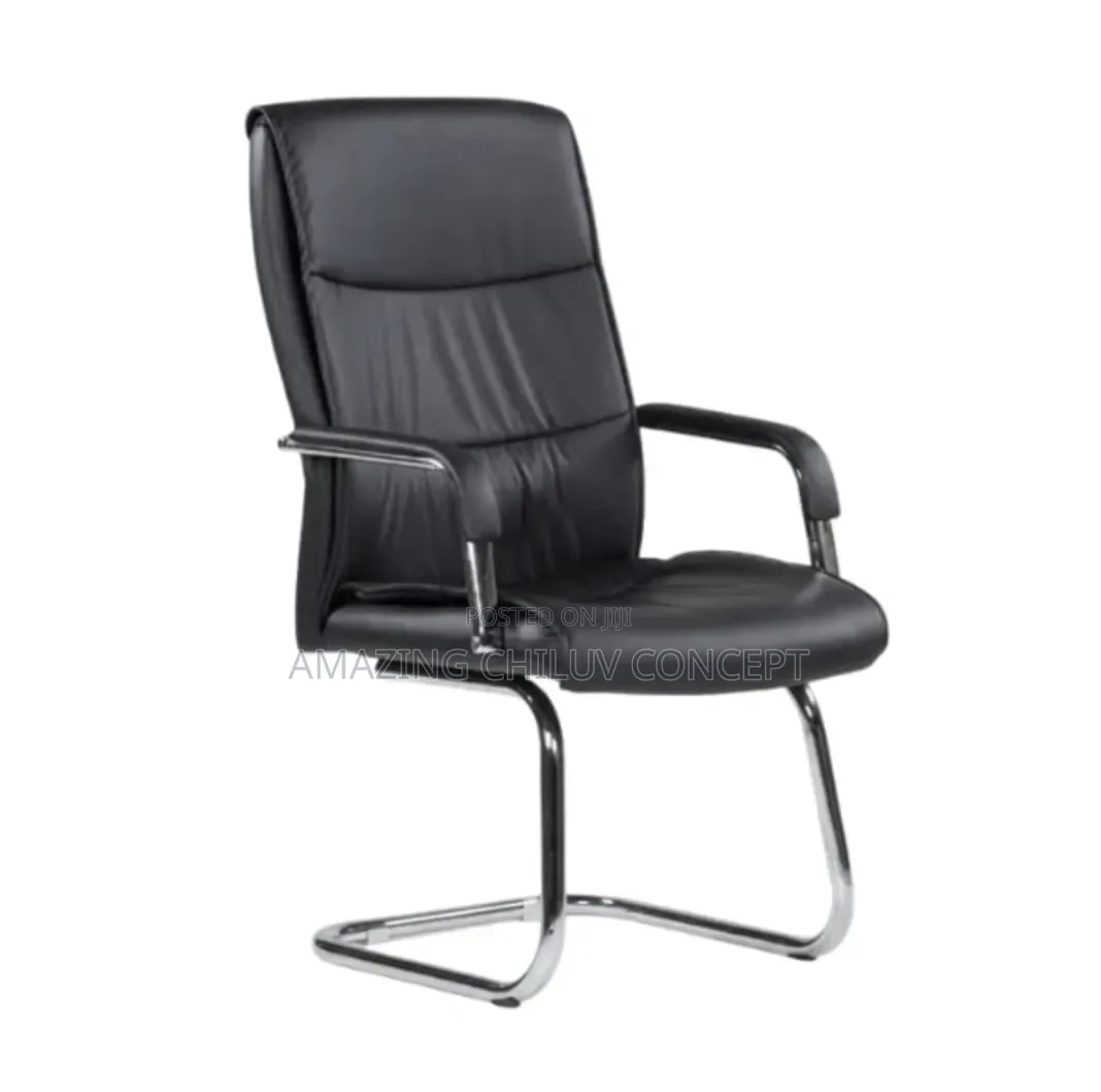 Modern Black Leather Visitors Chair With Chrome Sled Base