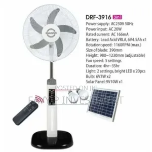 16" 3-in-1 Rechargeable Standing Fan + Solar Panel/Bulbs