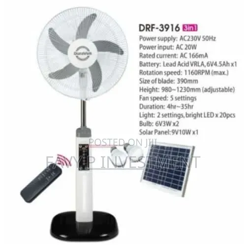 16" 3-in-1 Rechargeable Standing Fan + Solar Panel/Bulbs
