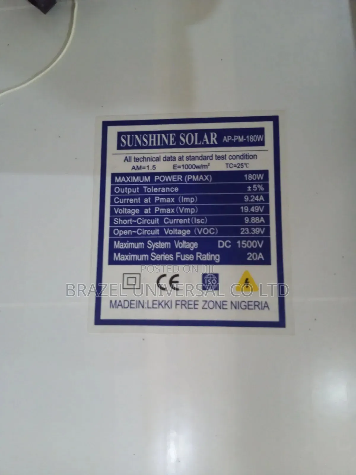 Sunshine Solar 180w Mono Panel