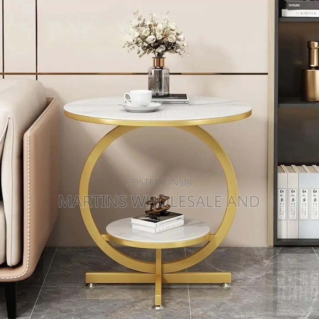 Two-Tier Nordic Side Table Features a Gold-Finished Metal Ring Frame