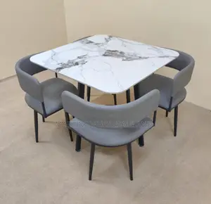 4-Seater White Marble-Top Dining Table Set With Curved Cream-Upholster