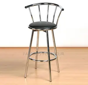 Stainless Steel Barstool Round Black Padded Leather Seat and Backrest