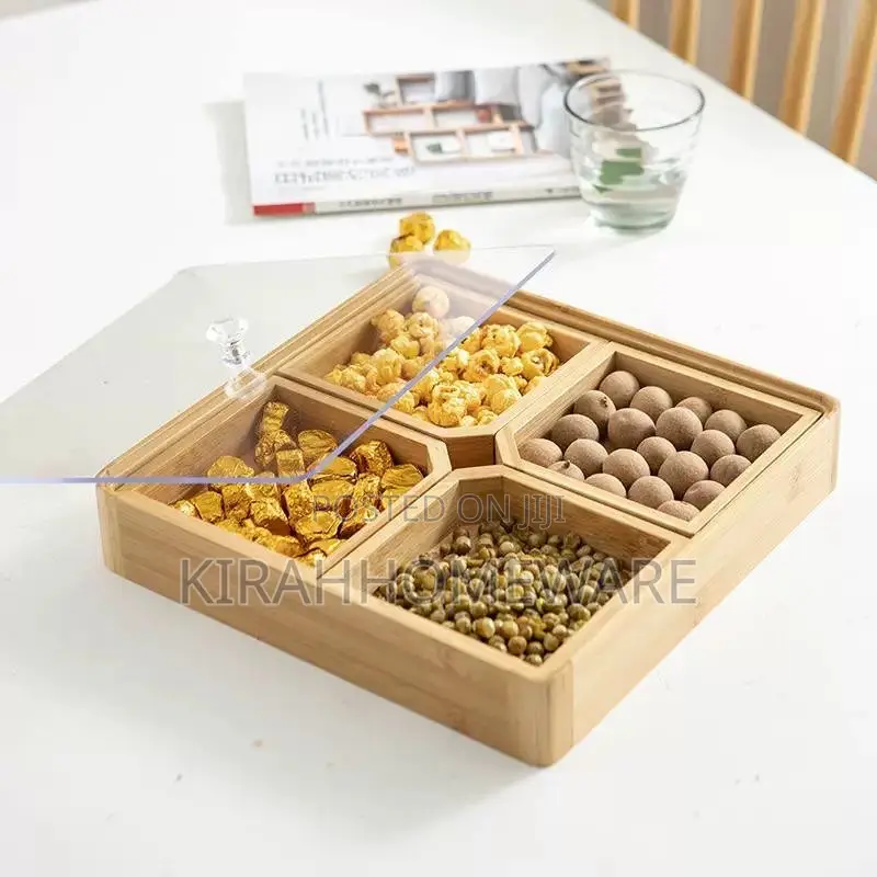 Square Bamboo Tea, Snacks, Nuts Serving Tray With Transparent Lid