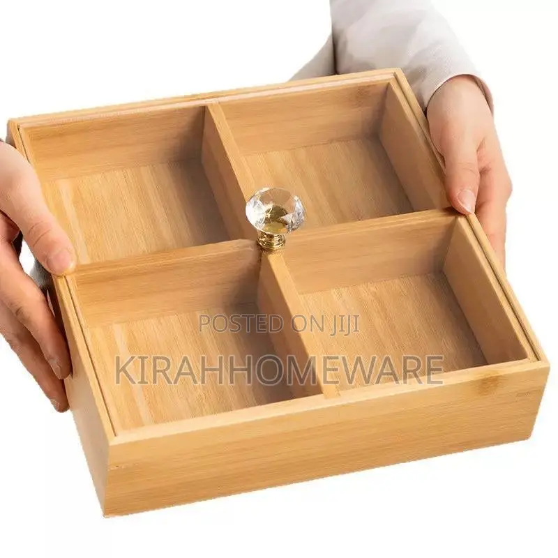 Square Bamboo Tea, Snacks, Nuts Serving Tray With Transparent Lid