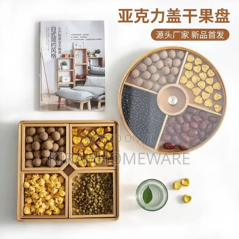 Square Bamboo Tea, Snacks, Nuts Serving Tray With Transparent Lid