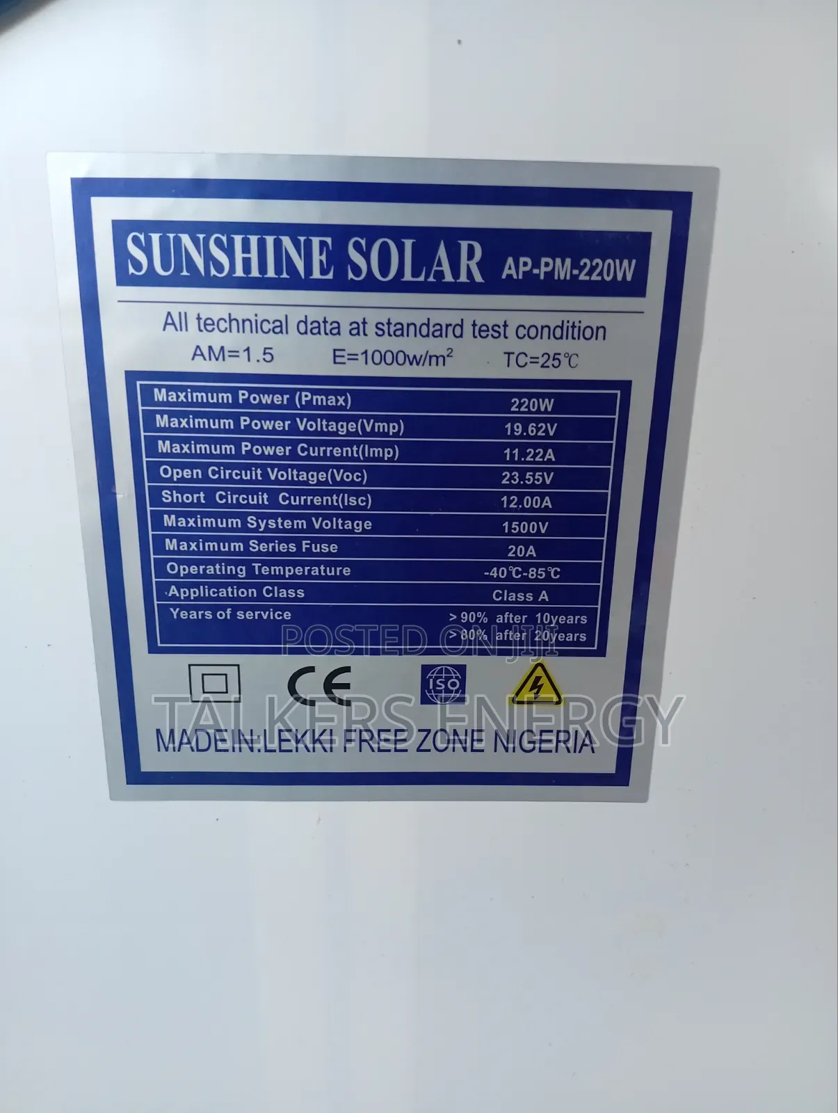 Sunshine Solar 220W Monocrystalline Solar Panel (18V System )