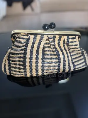 Woven Straw Black & Tan Striped Kiss-Lock Dumpling Purse