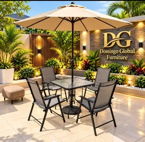 Outdoor Patio Dining Set, Square Glass-Top Table, Center-Post Umbrella