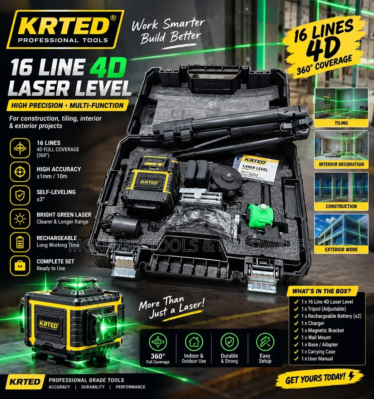 Krted Professional Laser Level – 5v Max Lithium-Ion