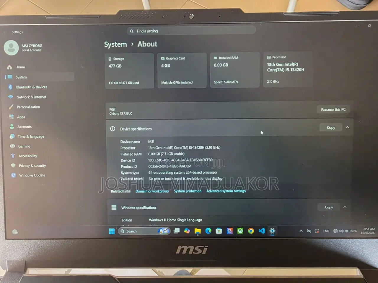 Laptop MSI Cyborg 15 16GB Intel Core i7 SSD 512GB