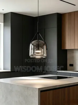 Modern Smoked-Glass and Leather-Strap Pendant Light.