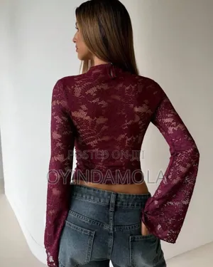Elegant Burgundy Lace Crop Top for Women – Long Flared Sleeves
