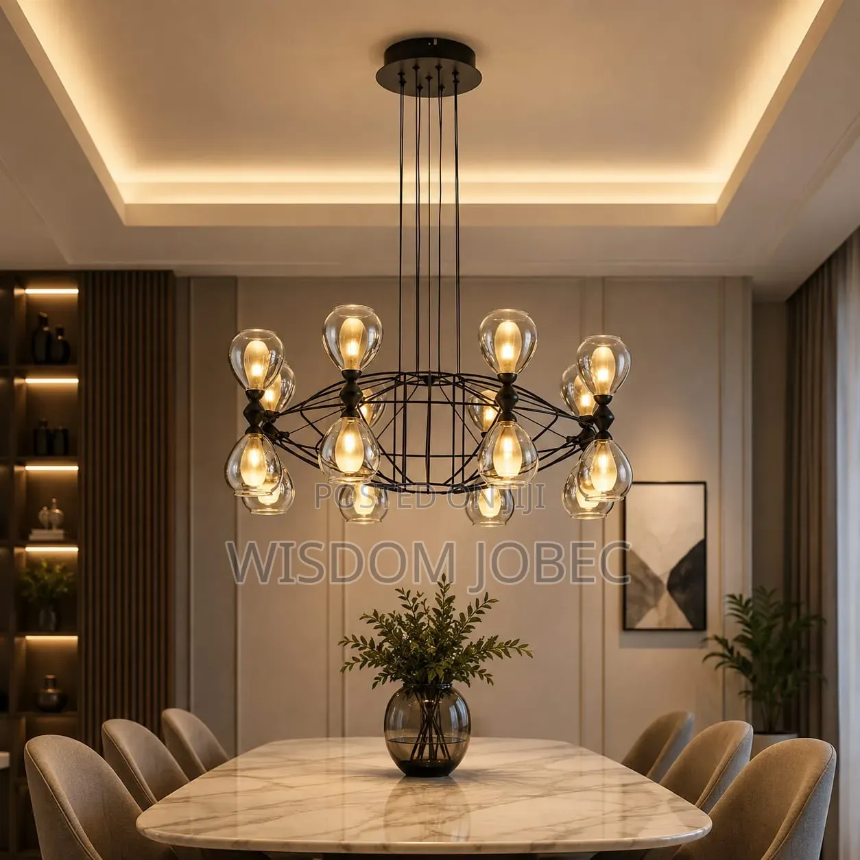 Modern Black Metal and Glass Globe Chandelier