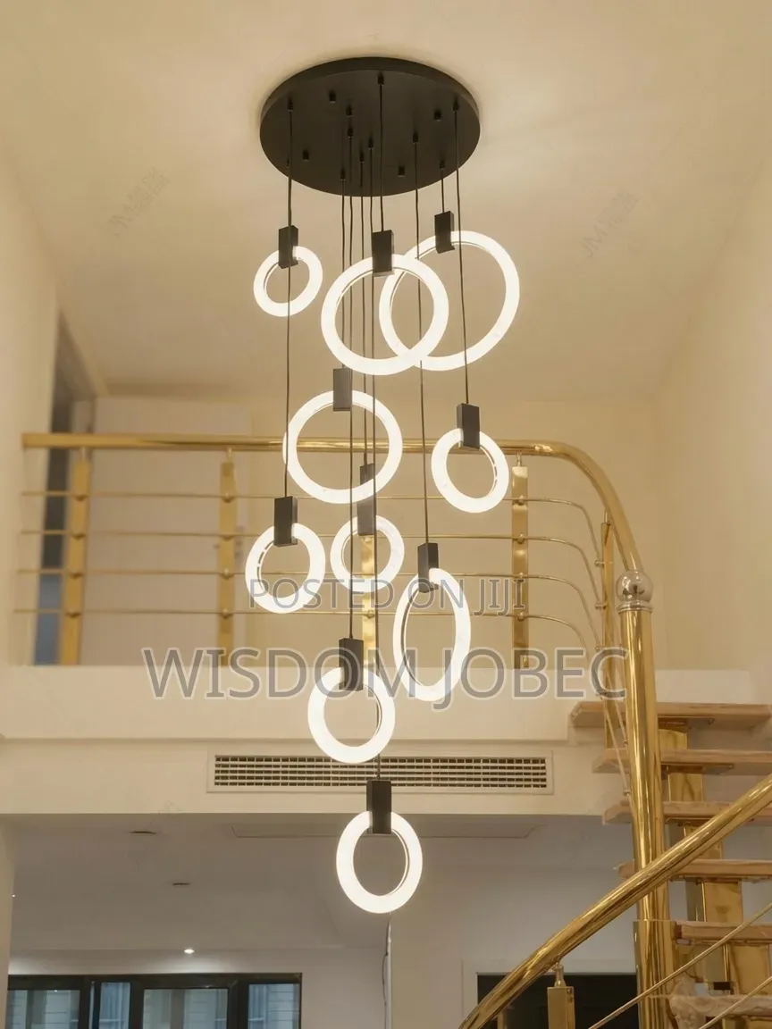 Modern Multi-Ring LED Halo Staircase Chandelier