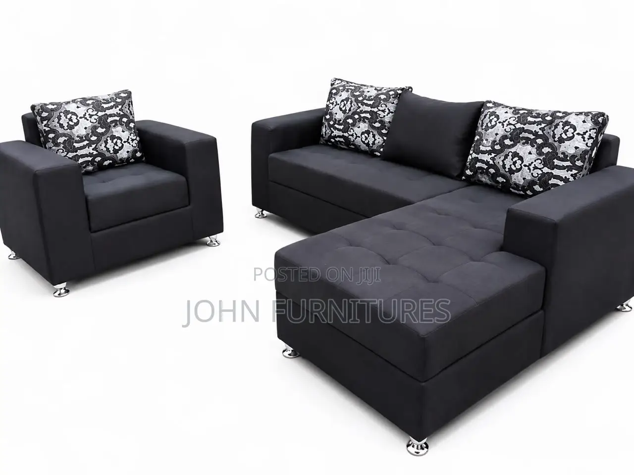 Black Color L Shape Sofas an a Single Seater