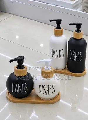 Luxury Lotion and Soap Dispenser Set With Bamboo Tray – Black & White