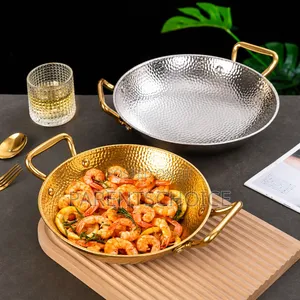 Gold and Silver Hammered Wok Plate With Handle 1pc- 20 / 22 / 24cm