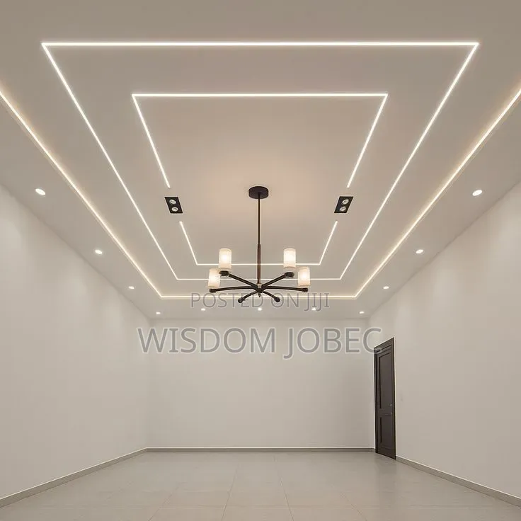 Modern Minimalist Room Featuring a Multi-Layered Geometric