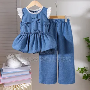 Sleeveless Bow Denim Top and Wide-Leg Denim Trousers