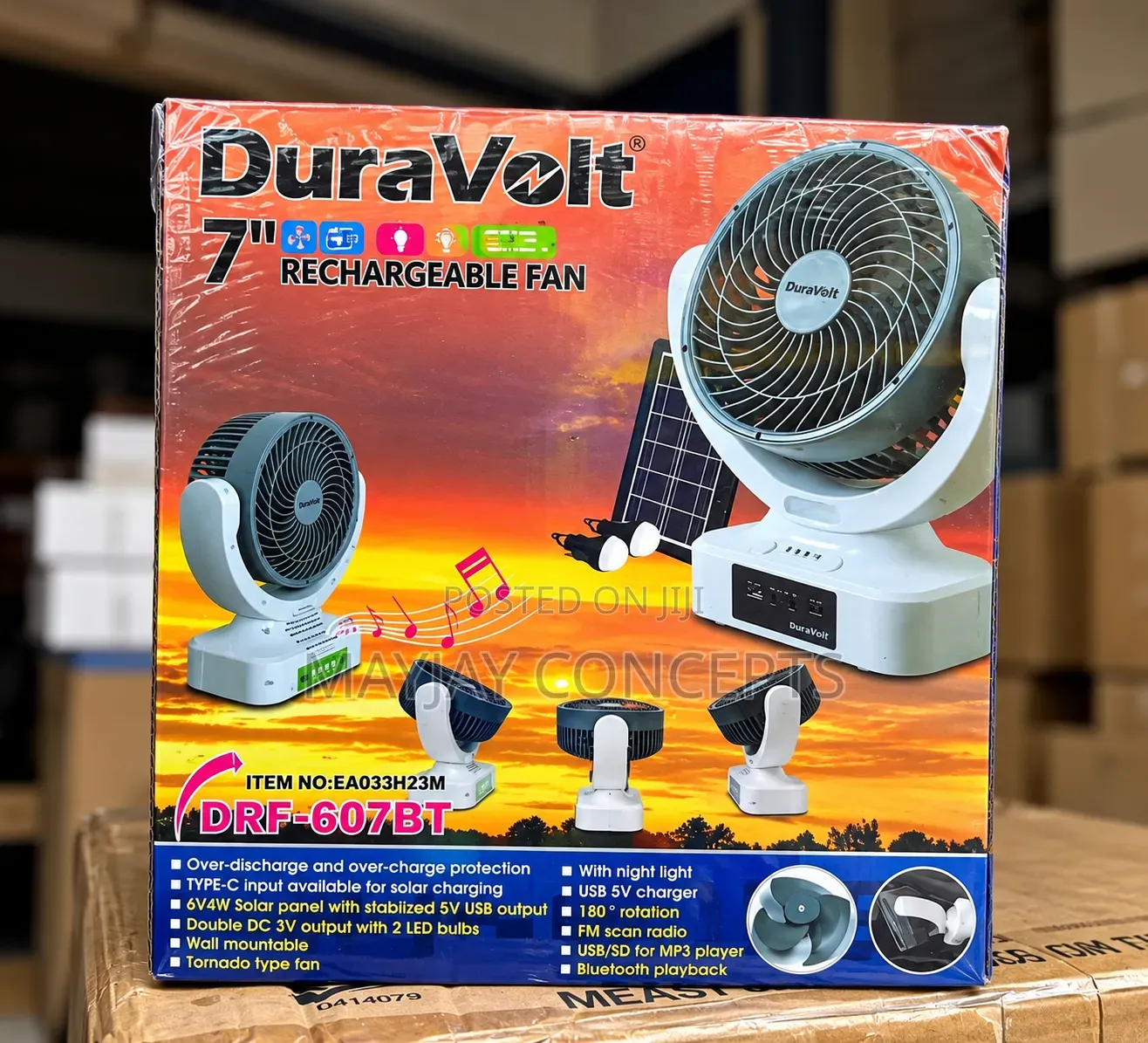 Duravolt 7" 4-in-1 Solar Rechargeable Table Fan With Panel●Mp3●Bulbs