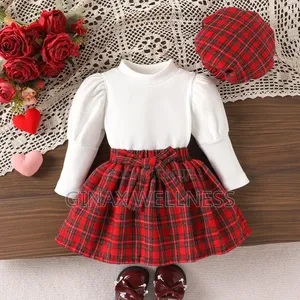 3-Piece Outfit With Red Plaid Skirt, White Puff Sleeve Top and Beret