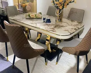 Marble Dining Table With Designer Gold Pedestal – Complete Set
