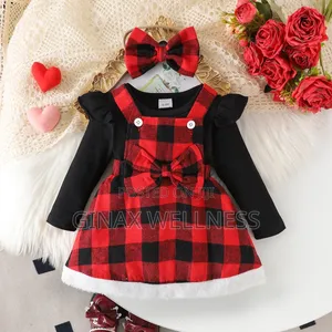 Red & Black Checkered Pinafore Dress With Long Sleeve Top and Headband