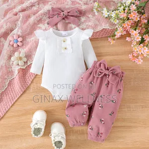 Baby Girls 3-Piece Floral Romper, Bow Pants and Headband Outfit Set