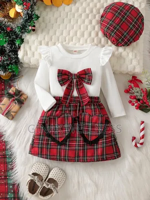 Baby Girls 3-Piece Red Plaid Skirt, Long Sleeve Top and Beret Outfit