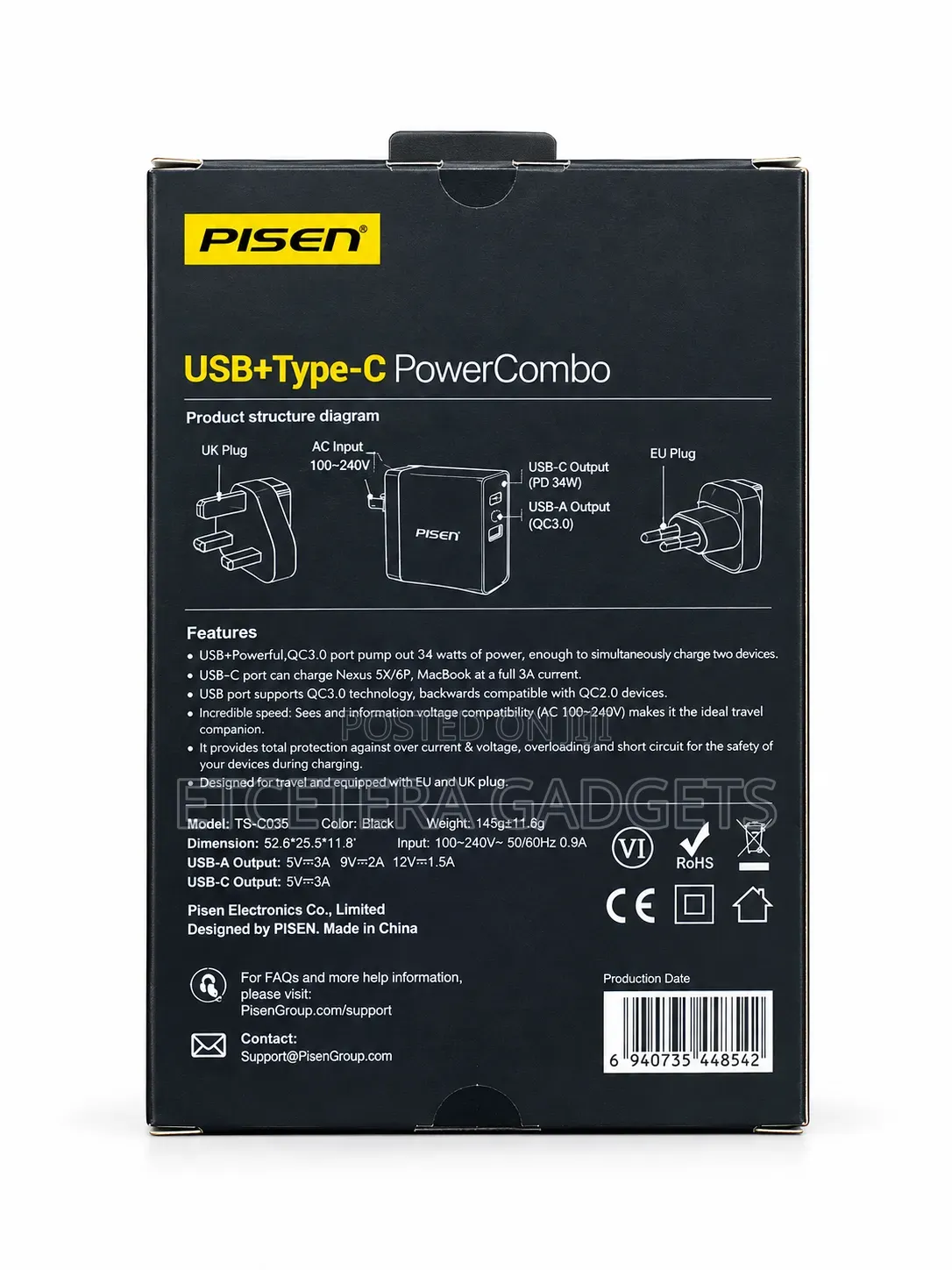 Pisen 34w Type-C Fast Charger With USB Port