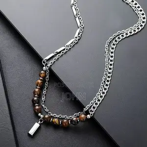 Men’s Stainless Steel Chain Necklace With Brown Tiger Eye Beads