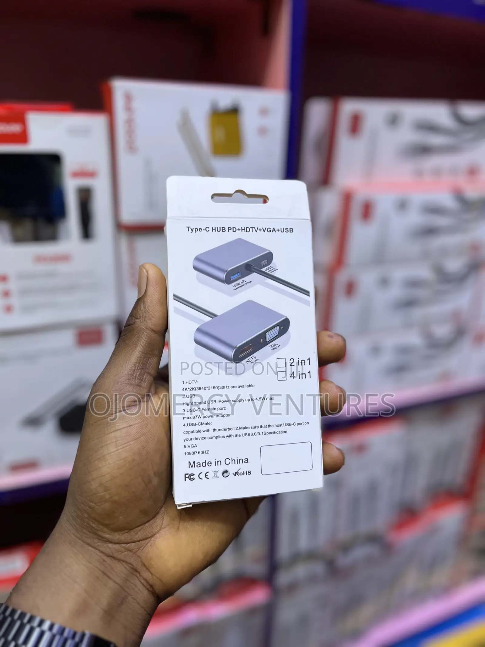 4-in-1 Type-C to HUD/HDMI, VGA, USB 3.0, and PD Power.
