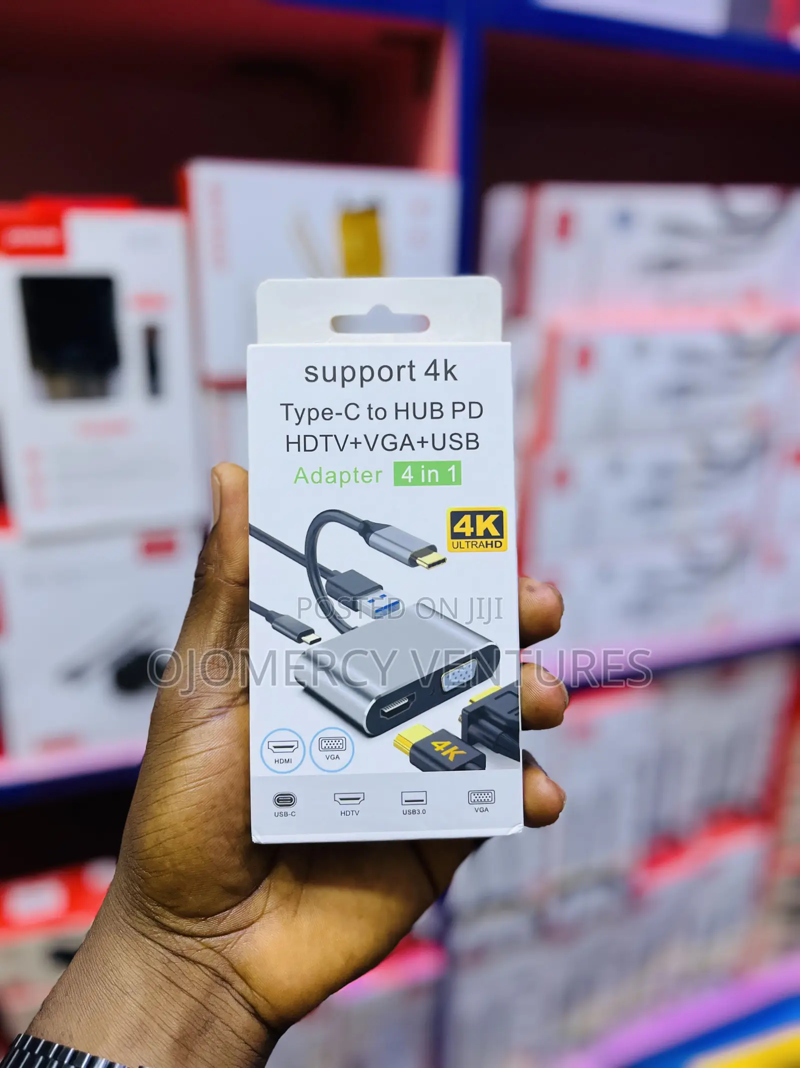 4-in-1 Type-C to HUD/HDMI, VGA, USB 3.0, and PD Power.