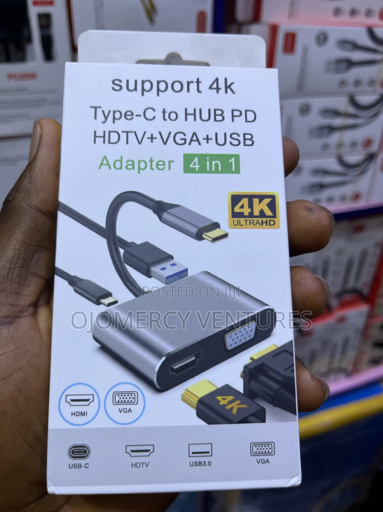 4-in-1 Type-C to HUD/HDMI, VGA, USB 3.0, and PD Power.