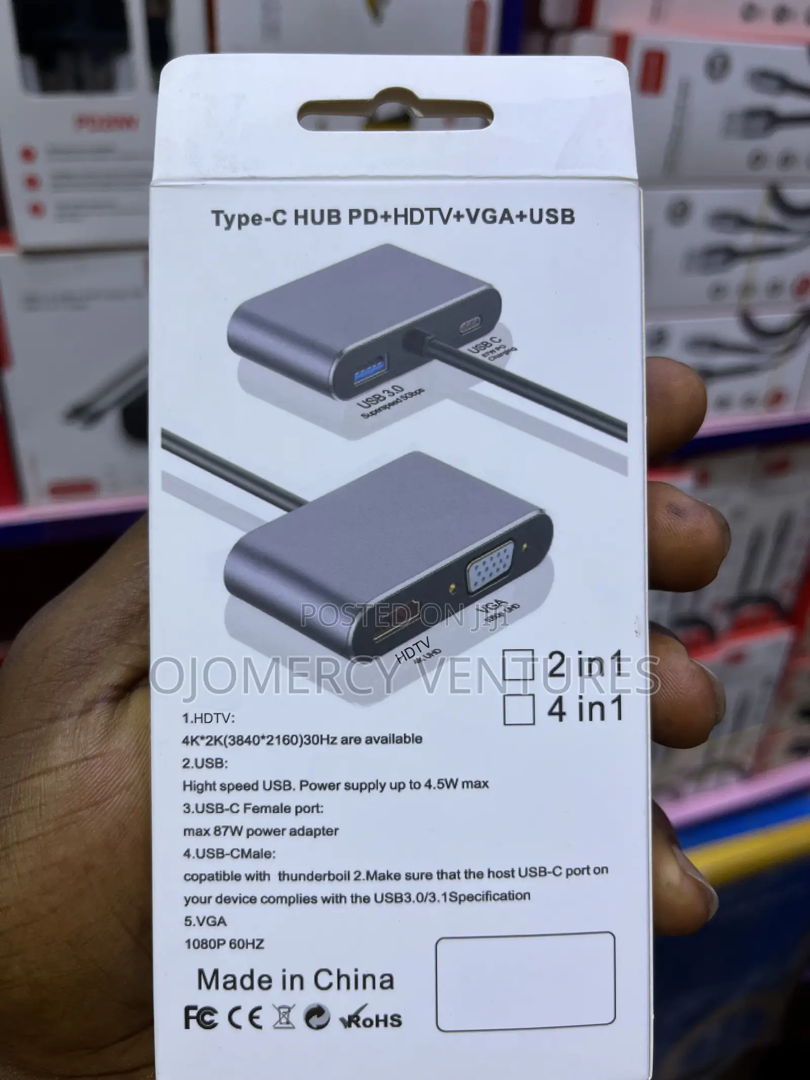 4-in-1 Type-C to HUD/HDMI, VGA, USB 3.0, and PD Power.