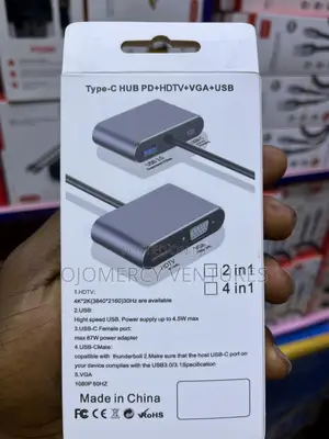 4-in-1 Type-C to HUD/HDMI, VGA, USB 3.0, and PD Power.