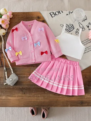 Baby Girls 3-Piece Pleated Skirt, Bow Cardigan & Camisole Outfit Set