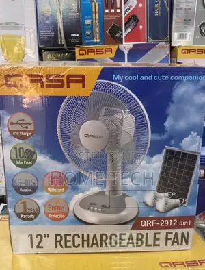 QASA 12-Inch 3-in-1 Solar Rechargeable Fan With Solar Panel, LED Bulbs