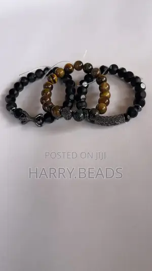 Unisex Handcrafted Matte Black & Tiger Eye Bead Bracelet Stack