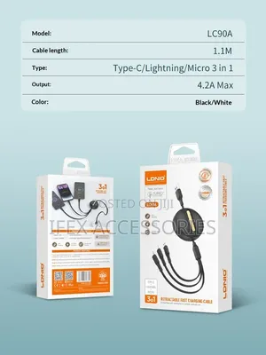 Ldnio Lc90a 3-in-1 Retractable Fast Charging Cable
