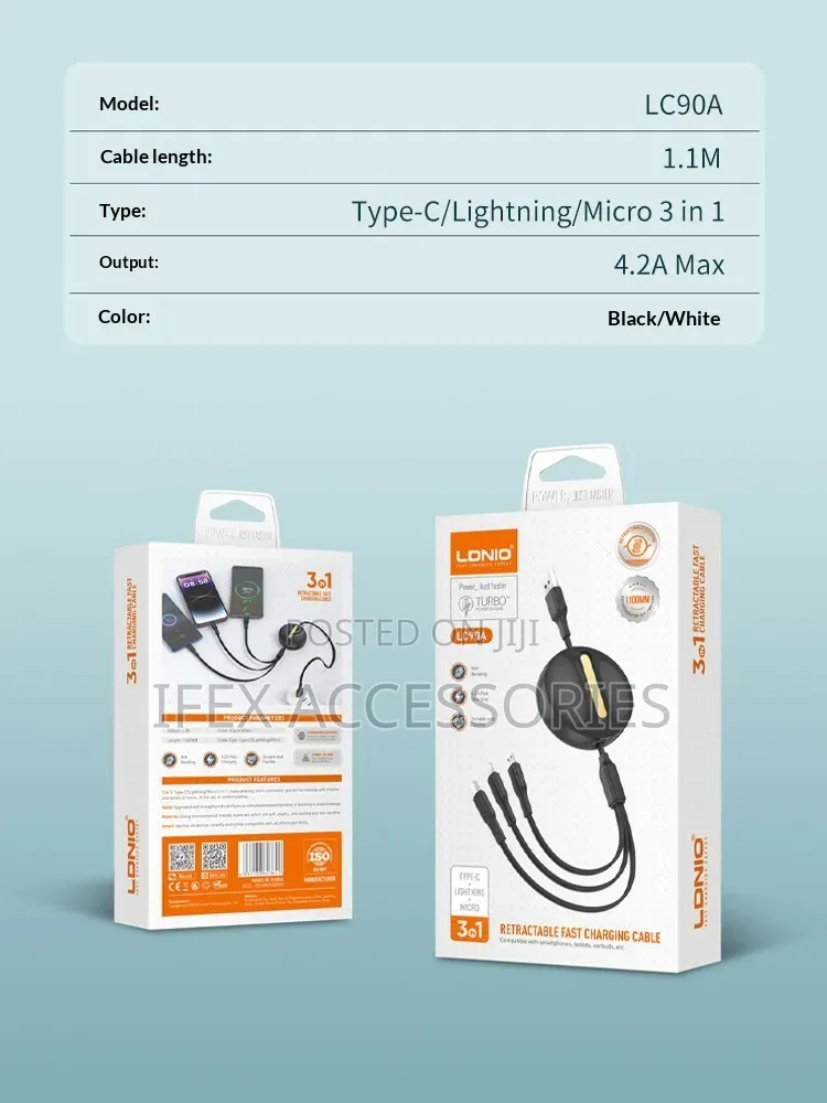 Ldnio Lc90a 3-in-1 Retractable Fast Charging Cable