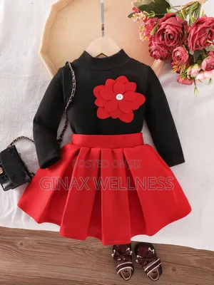 Baby Girls 2-Piece Black Long Sleeve Top and Red Flare Skirt Outfit