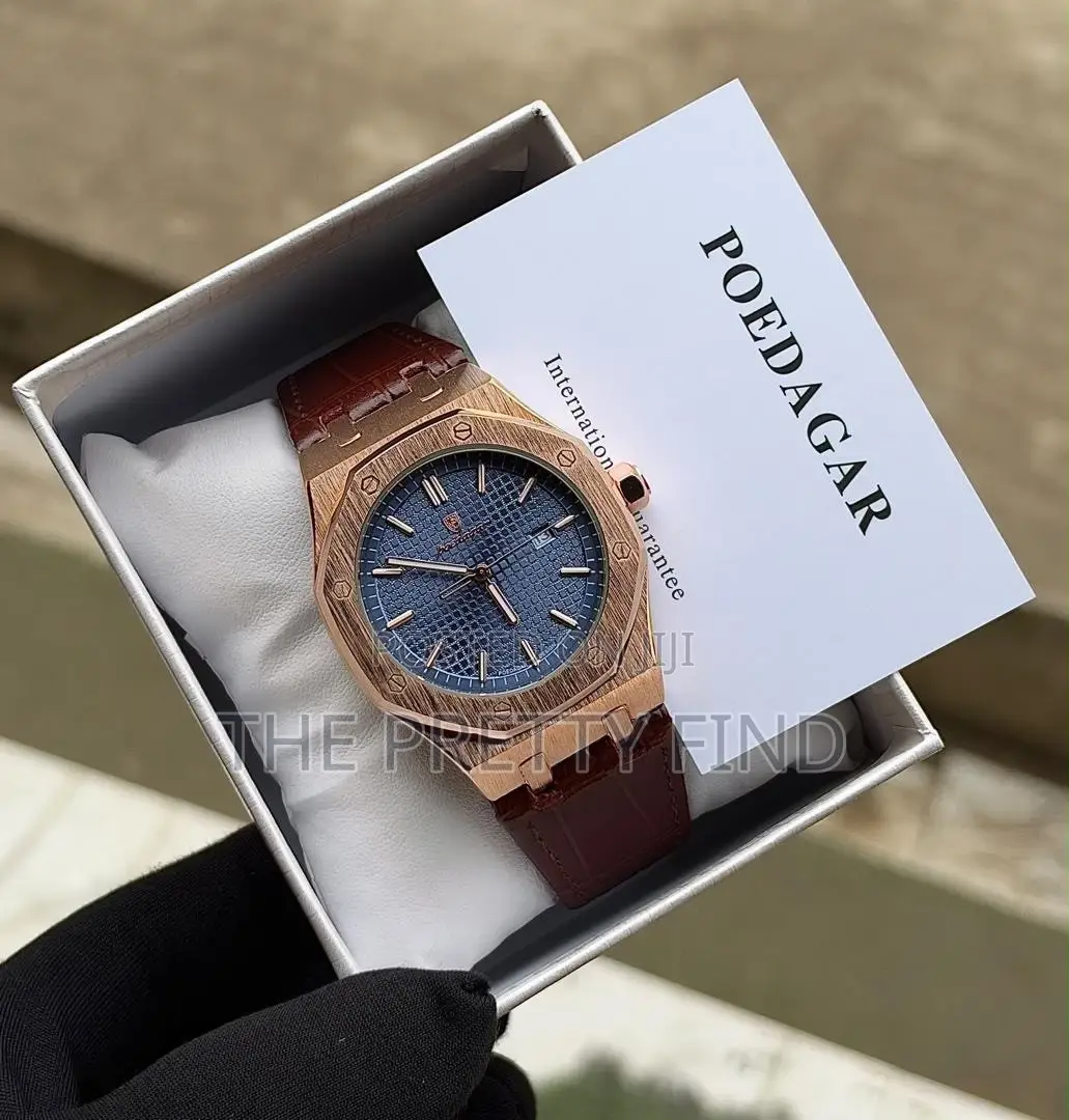 Luxury Rose Gold Blue Dial Leather Strap Wristwatch