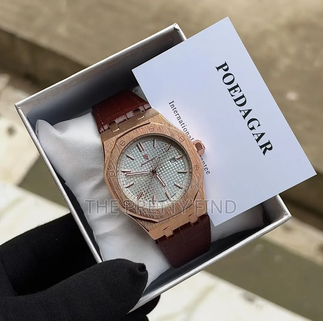 Luxury Rose Gold Blue Dial Leather Strap Wristwatch