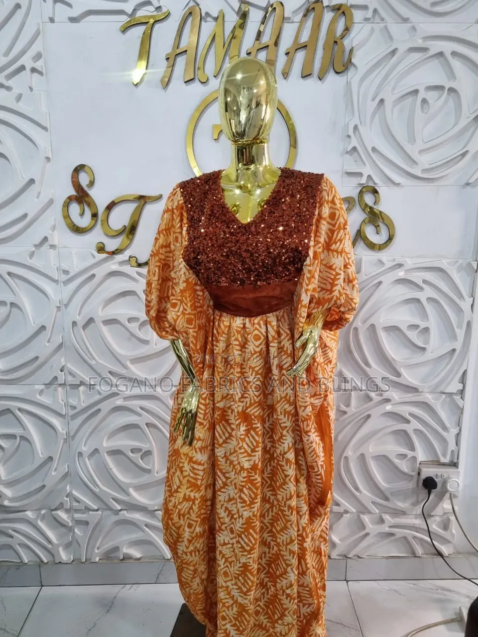 Orange Adire Gown With Wine Embellished Bodice
